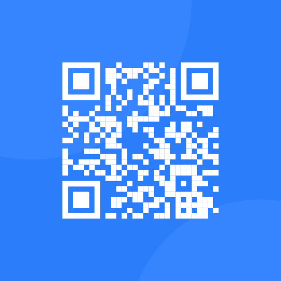 White QR-code on blue background, pointing to frontendmentor.io website